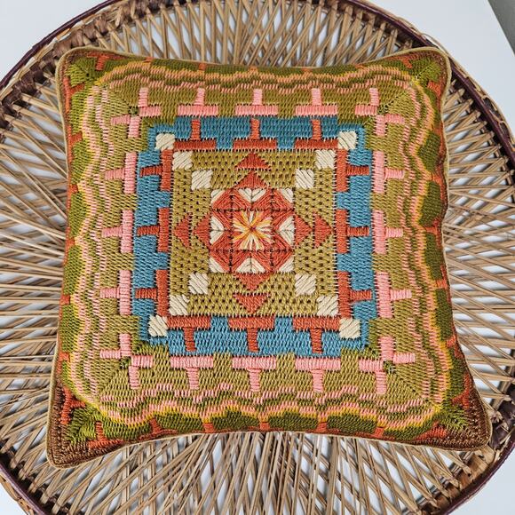 Vintage 70s Smokey Topaz Needlepoint Pillow Wool Yarn Tan Rust Blue Olive Velvet - Picture 3 of 8
